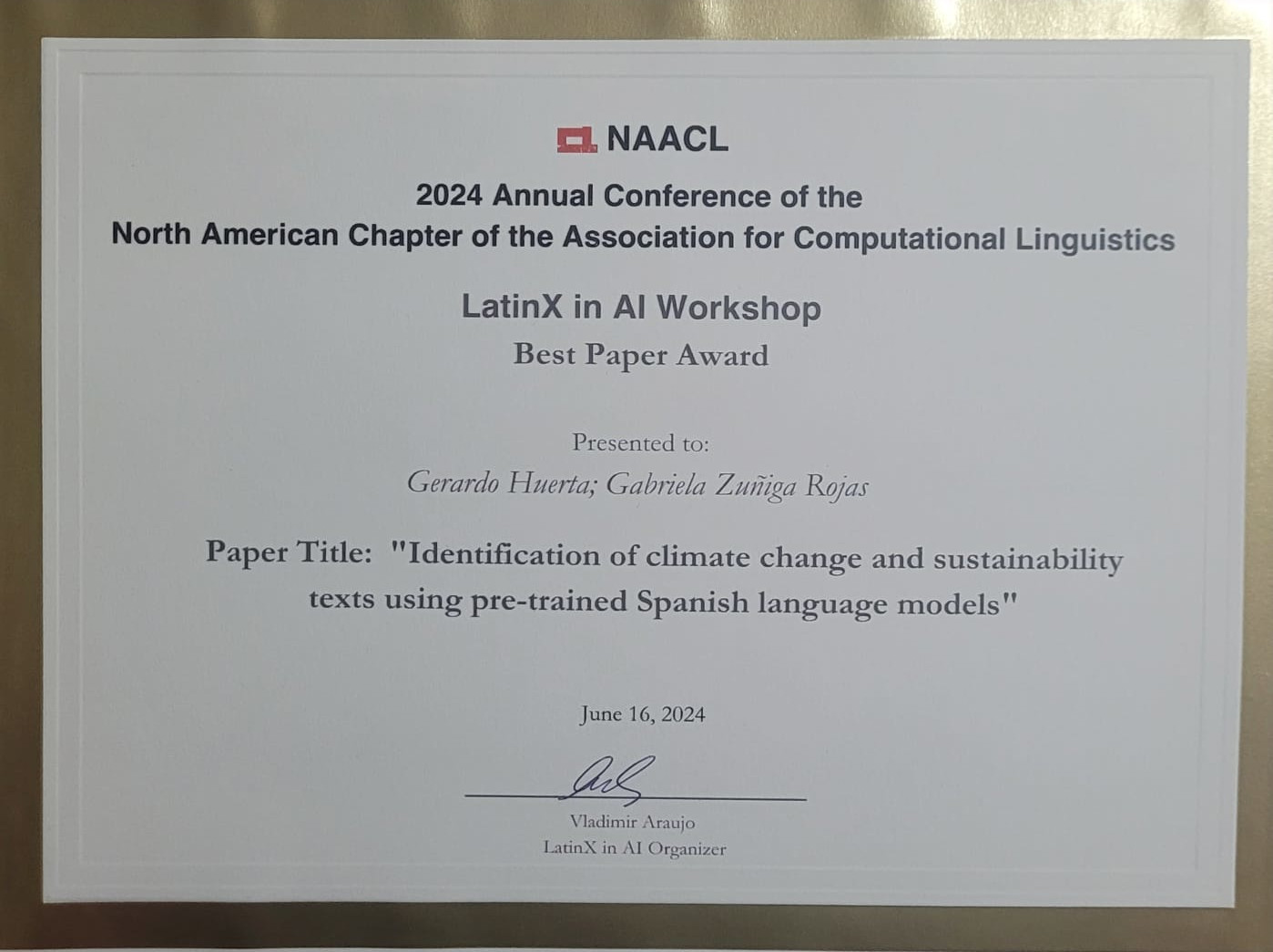 Best Paper NAACL 2024 Certificado